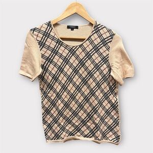 BURBERRY Beige and Black Plaid Short Sleeve Knit Top